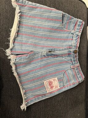 VTG BABY GUESS Striped Blue Denim Cutoff Shorts with Red & White Stripes
